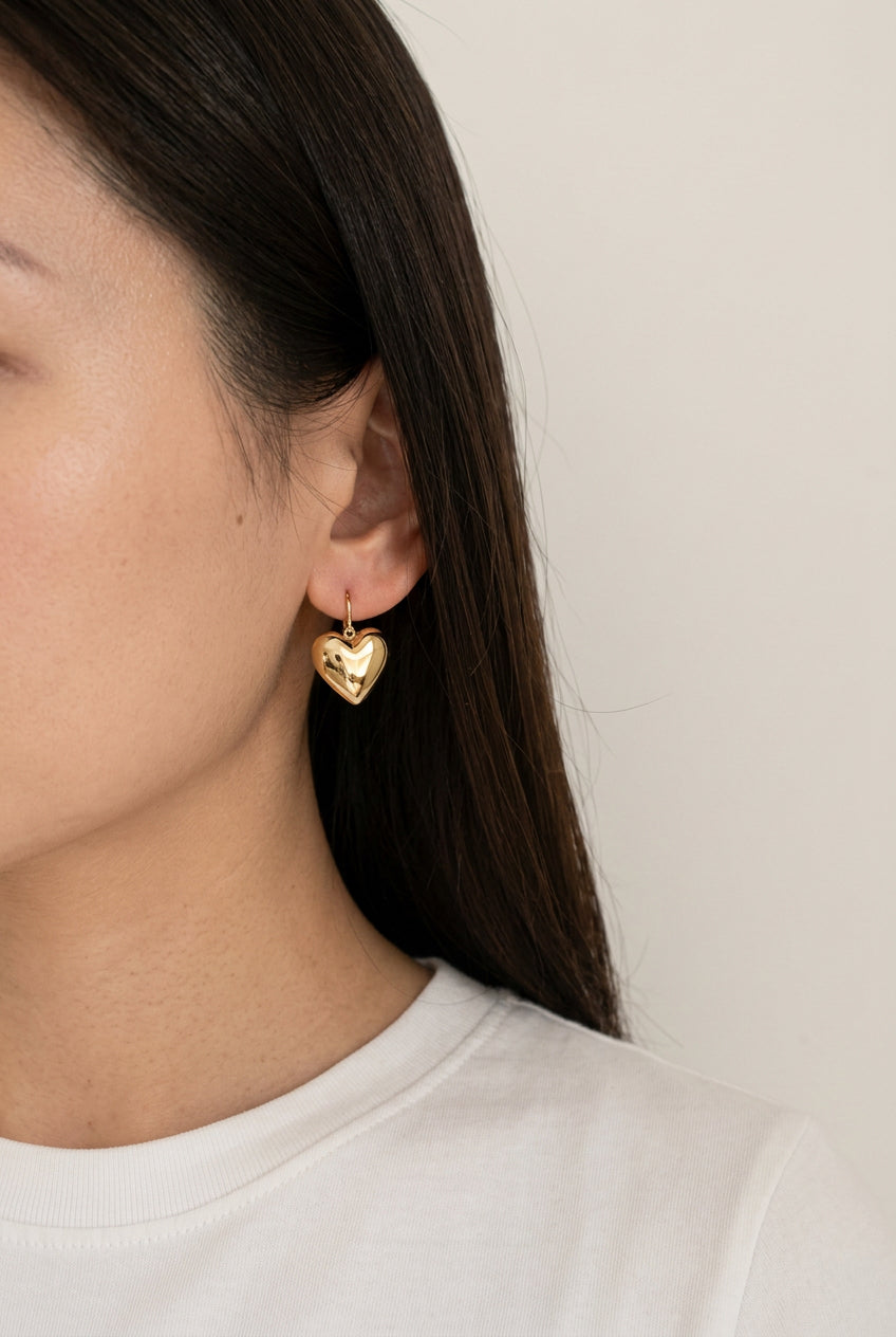 E1187 Voluminous 3D Heart Gold-Plated Sterling Silver Ear Hooks Earrings