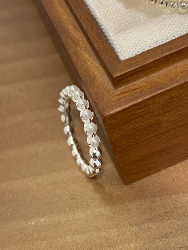 R1495 Half-Pearl and Half-Silver Bead Sterling Silver Ring