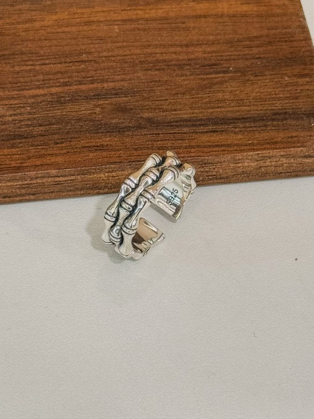 R1749 Vintage-style bamboo triple-layer sterling silver ring