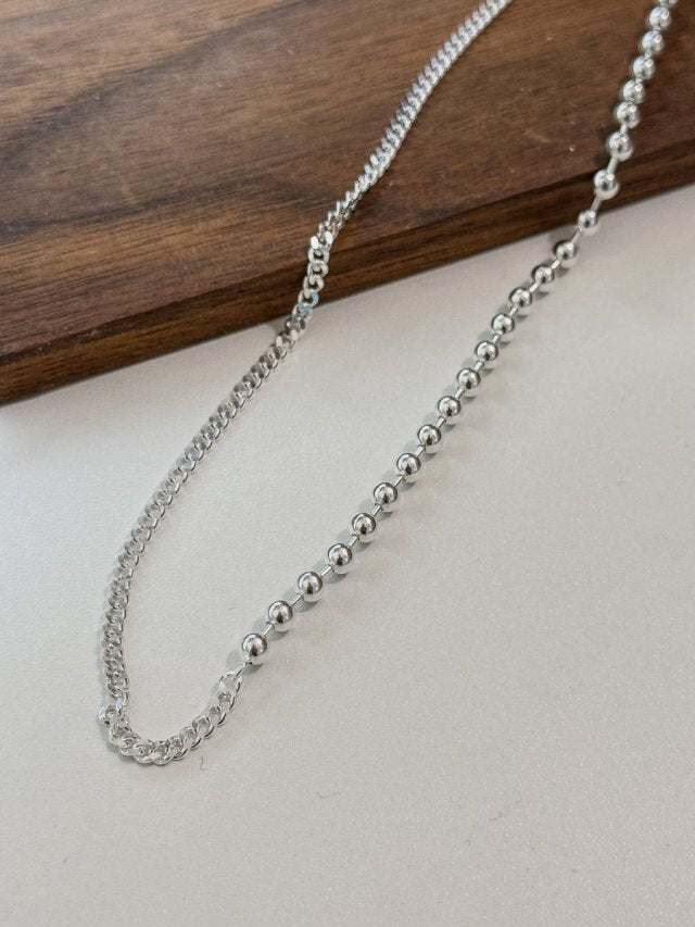 N1342 Cuban Link and Bead Sterling Silver Collarbone Necklace