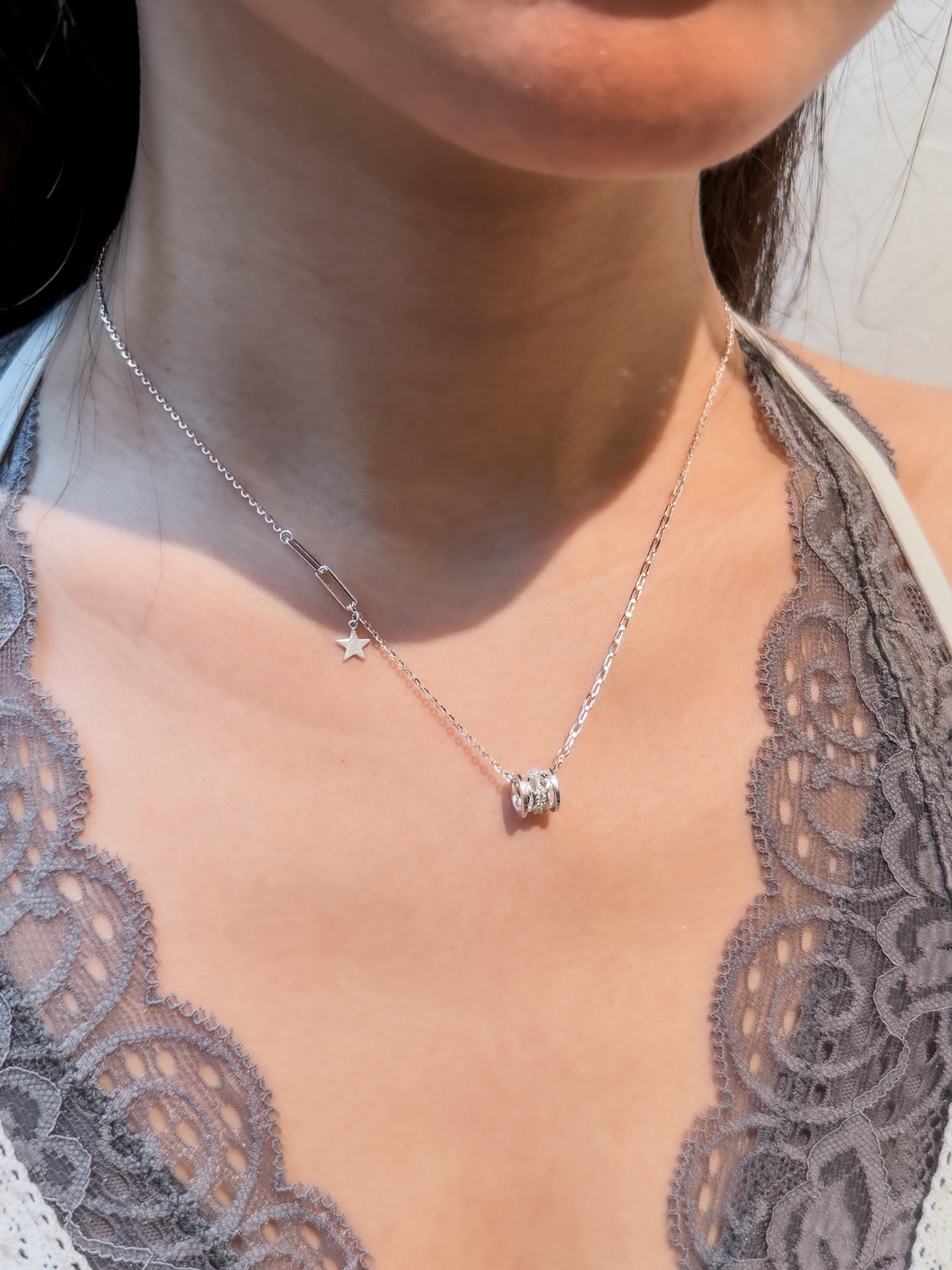 N1367 Cylinder Zircon Star Asymmetrical Necklace